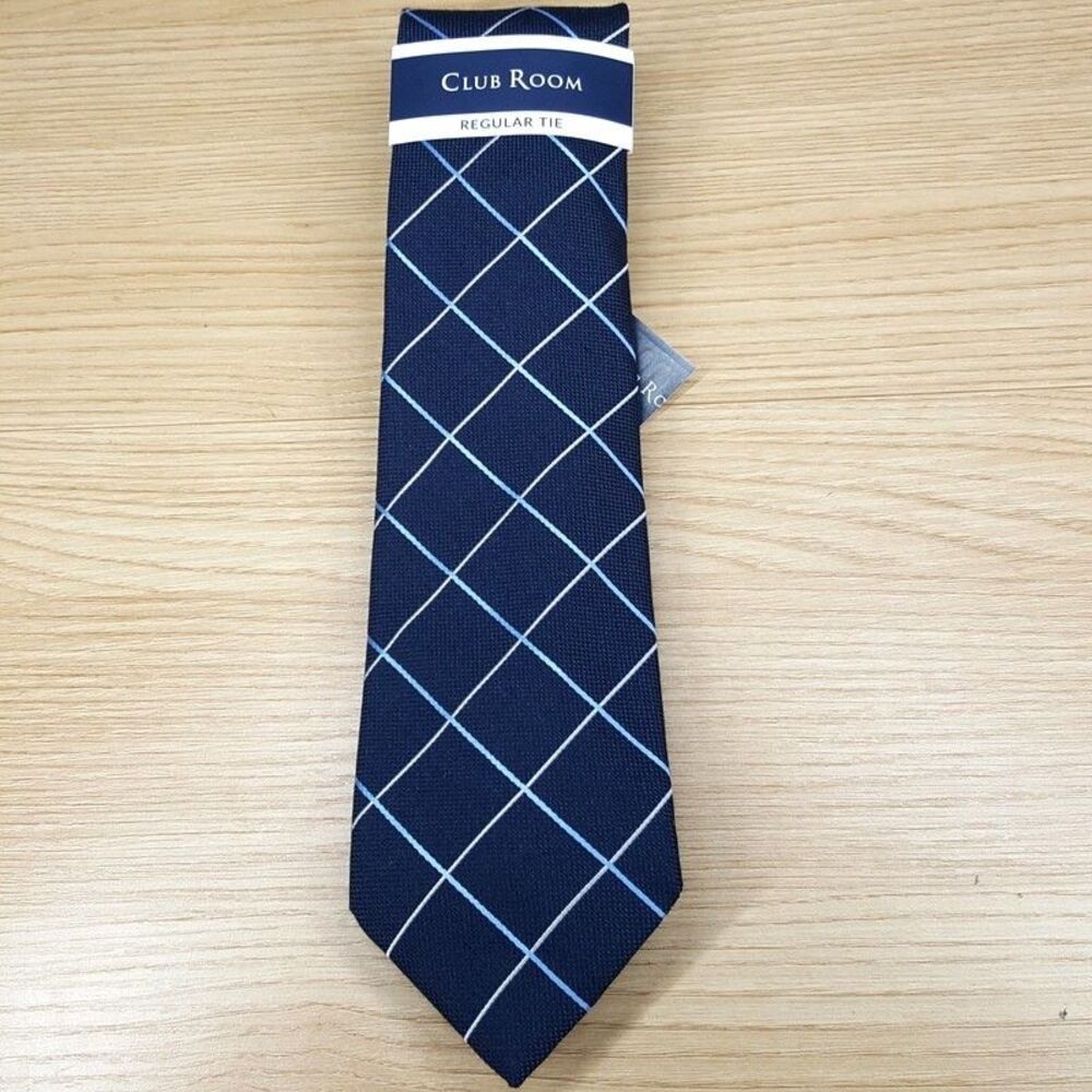 CLUB ROOM Mens Neck Tie Blue Diamond Grid Check Classic Pointed